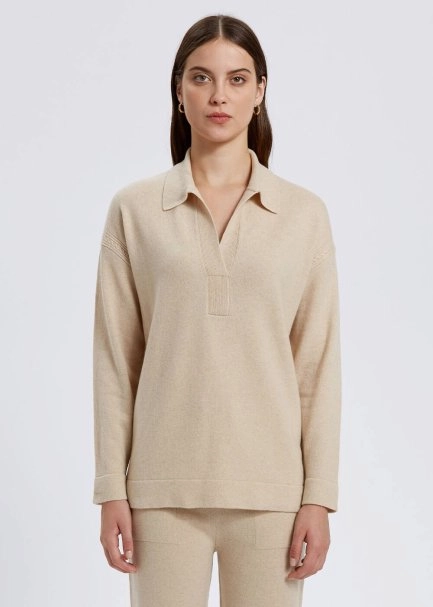 Cable Detailed Polo Neck Cream Cashmere Sweater - 1