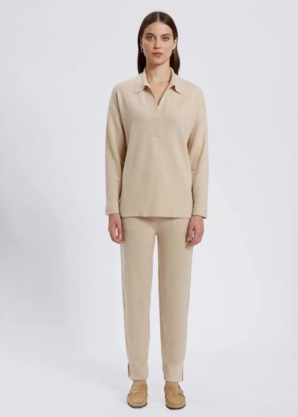 Cable Detailed Polo Neck Cream Cashmere Sweater - 2