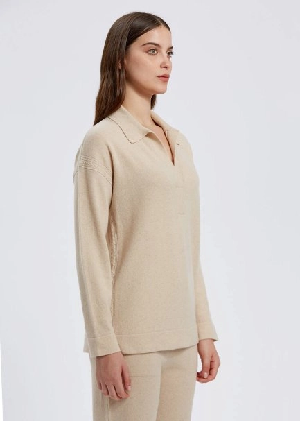 Cable Detailed Polo Neck Cream Cashmere Sweater - 3