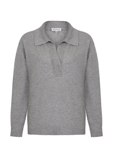 Cable Detailed Polo Neck Grey Cashmere Sweater - 6