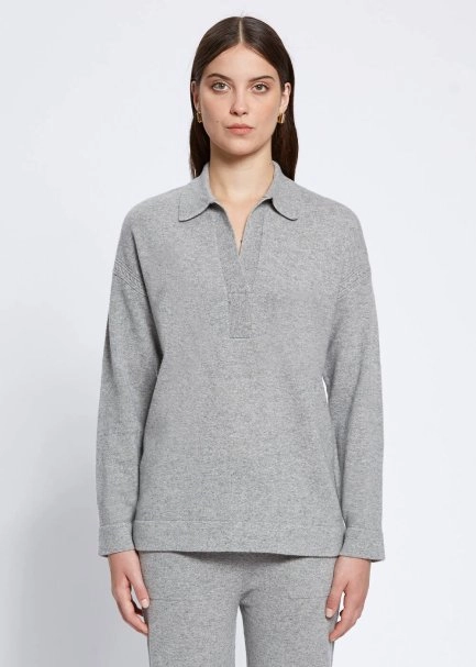 Cable Detailed Polo Neck Grey Cashmere Sweater - 1
