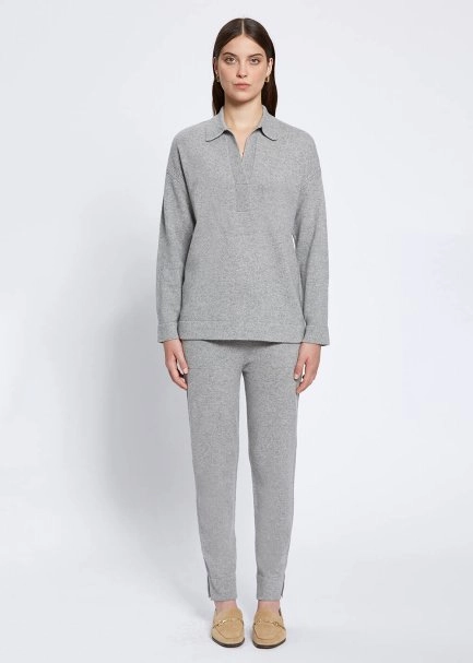 Cable Detailed Polo Neck Grey Cashmere Sweater - 2