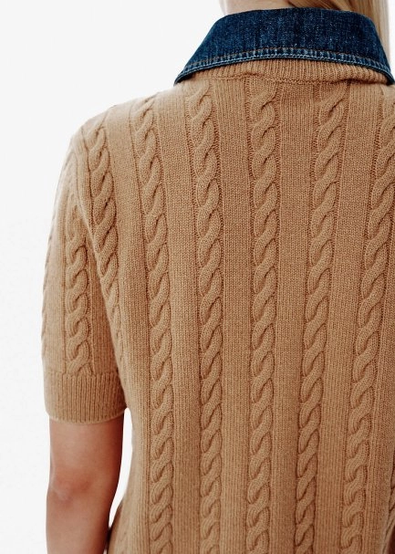 Cable Knit Denim-Collar Brown Top - 4