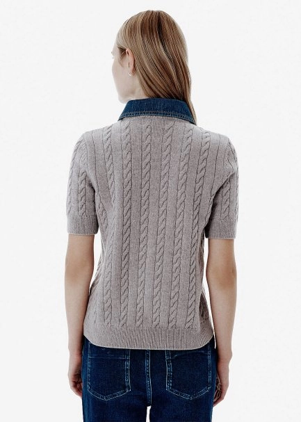 Cable Knit Denim-Collar Grey Top - 4