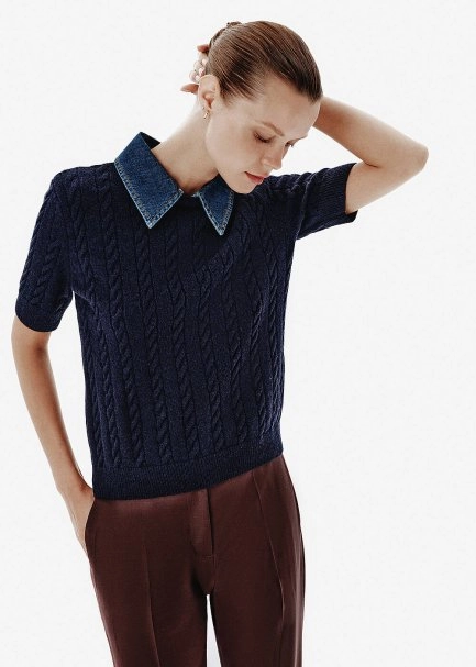 Cable Knit Denim-Collar Navy Top - 3