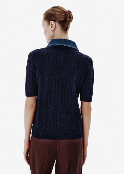 Cable Knit Denim-Collar Navy Top - 5