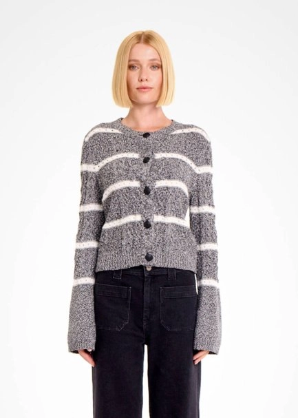 CABLE PATTERN BLACK MOULINE KNIT CARDIGAN - 1