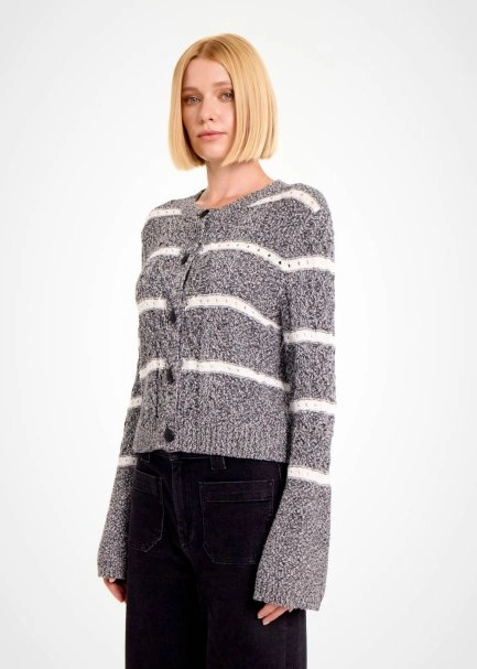 CABLE PATTERN BLACK MOULINE KNIT CARDIGAN - 3