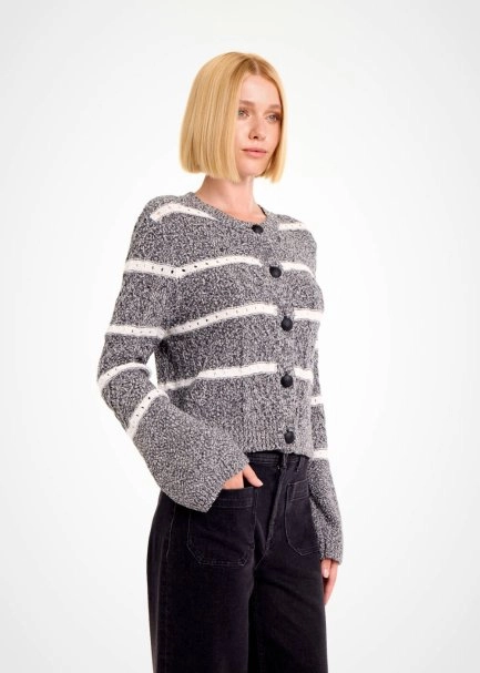 CABLE PATTERN BLACK MOULINE KNIT CARDIGAN - 4