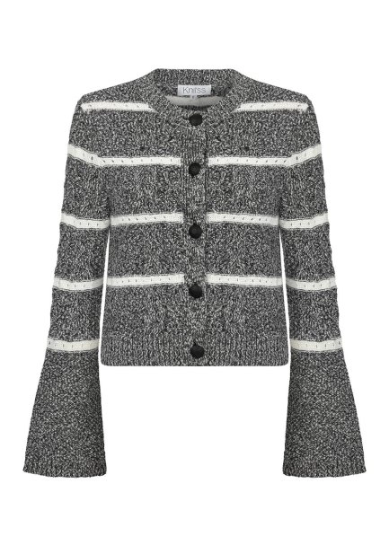 CABLE PATTERN BLACK MOULINE KNIT CARDIGAN - 6