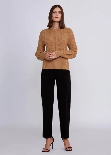 Cable Pattern Camel Crew Neck Knit Top - 2