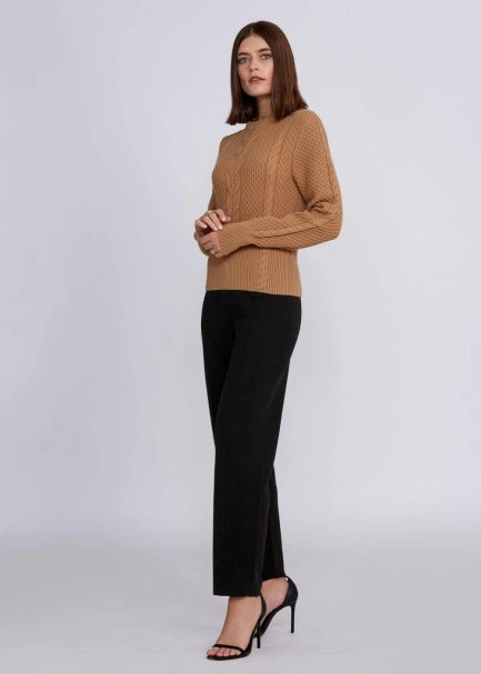 Cable Pattern Camel Crew Neck Knit Top - 5