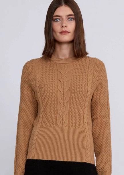 Cable Pattern Camel Crew Neck Knit Top - 6