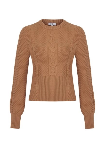 Cable Pattern Camel Crew Neck Knit Top - 8
