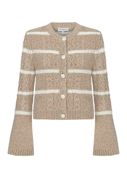CABLE PATTERN CAMEL MOULINE KNIT CARDIGAN - 6