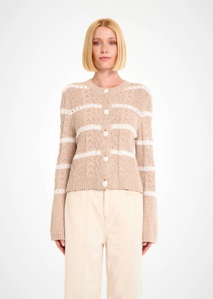 CABLE PATTERN CAMEL MOULINE KNIT CARDIGAN - 1