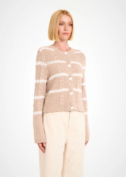 CABLE PATTERN CAMEL MOULINE KNIT CARDIGAN - 3