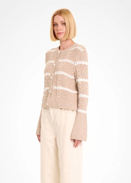 CABLE PATTERN CAMEL MOULINE KNIT CARDIGAN - 4