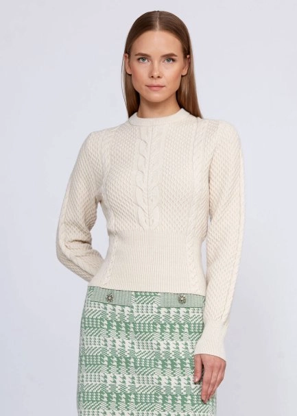 Cable Pattern Cream Crew Neck Knit Top - 1