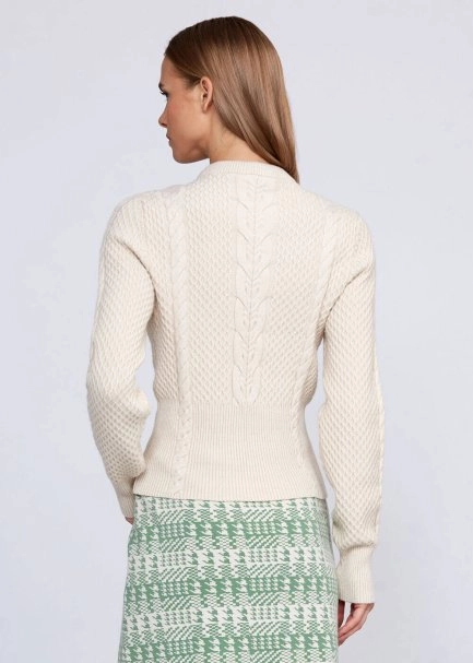 Cable Pattern Cream Crew Neck Knit Top - 3