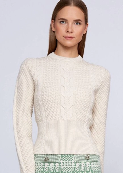 Cable Pattern Cream Crew Neck Knit Top - 6