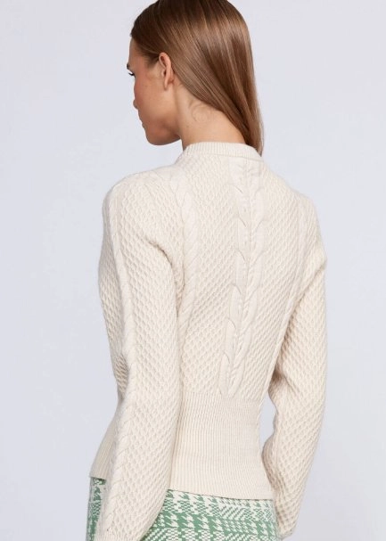 Cable Pattern Cream Crew Neck Knit Top - 7