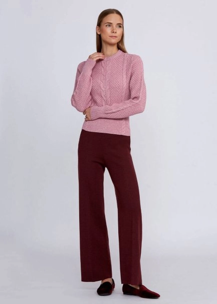 Cable Pattern Pink Crew Neck Knit Top - 2