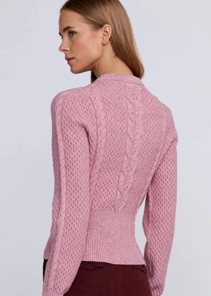 Cable Pattern Pink Crew Neck Knit Top - 7