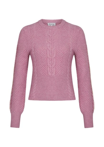 Cable Pattern Pink Crew Neck Knit Top - 8
