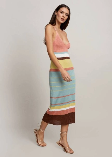 Çapraz Askılı Çizgili Midi Boy Triko Elbise - 5