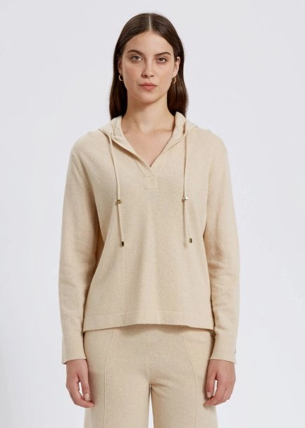 Cashmere Bled Hooded Beige Knit Sweater - 1