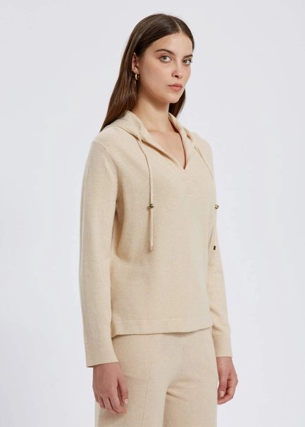 Cashmere Bled Hooded Beige Knit Sweater - 3