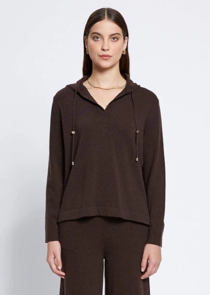 Cashmere Bled Hooded Dark Brown Knit Sweater - 1