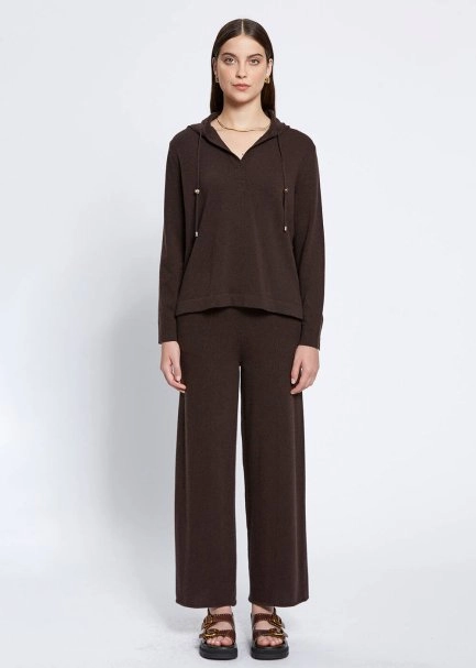 Cashmere Bled Hooded Dark Brown Knit Sweater - 2