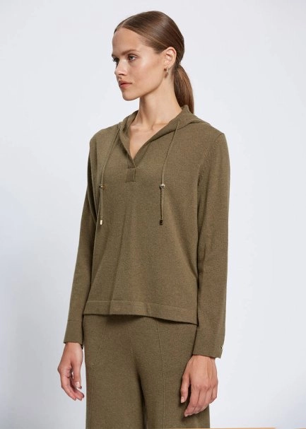 Cashmere Bled Hooded Khaki Knit Sweater - 3