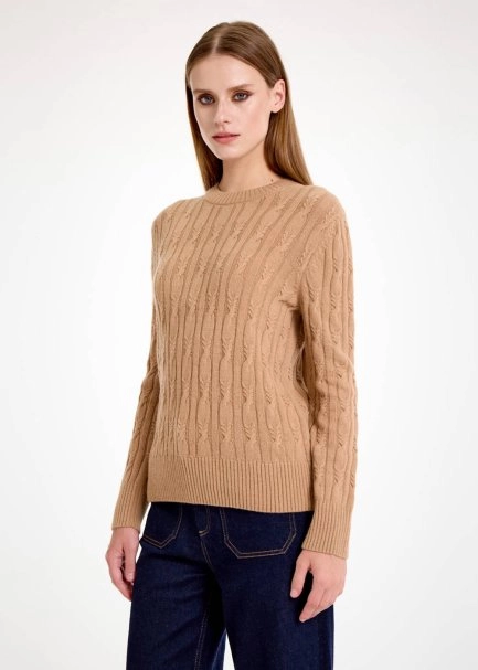 CASHMERE BLEND CABLE CAMEL KNIT SWEATER - 3
