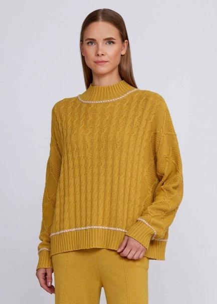 Cashmere Blend Cable Detailed Mustard Knit Sweater - 1