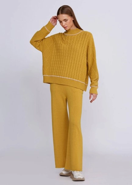 Cashmere Blend Cable Detailed Mustard Knit Sweater - 5