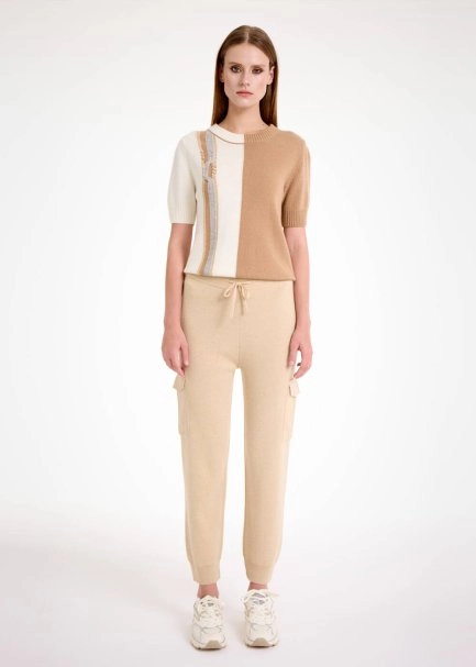 CASHMERE BLEND LATTE CARGO KNIT PANTS - 2