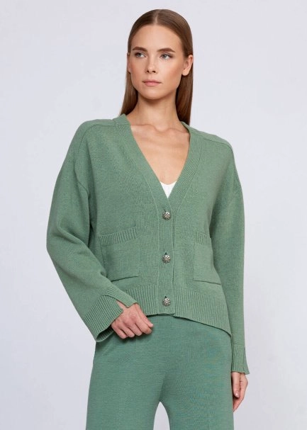 Cashmere Blend Pocket Detailed Jade Knit Cardigan - 1
