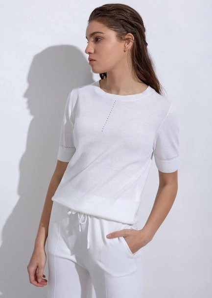 Cashmere Blend POINTELLE Ecru Knit Top - 3