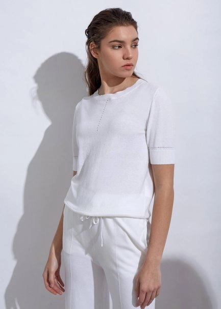 Cashmere Blend POINTELLE Ecru Knit Top - 4