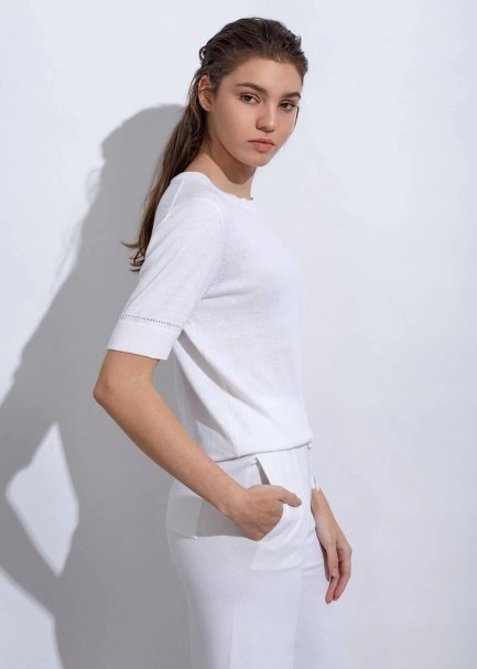 Cashmere Blend POINTELLE Ecru Knit Top - 6