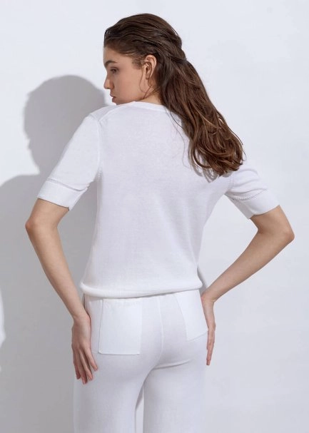 Cashmere Blend POINTELLE Ecru Knit Top - 5