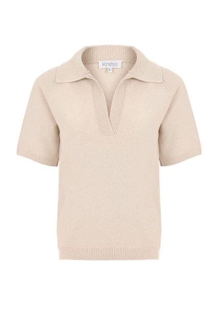 Cashmere Blend Polo Neck Beige Knit Top - 6