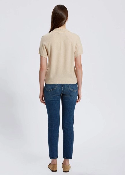 Cashmere Blend Polo Neck Beige Knit Top - 5
