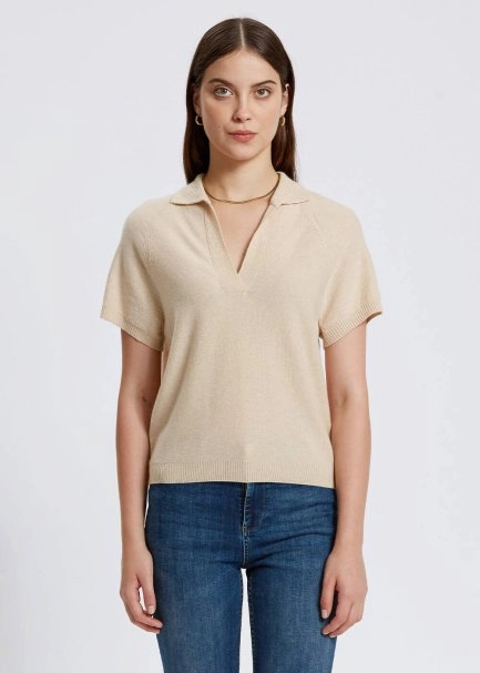 Cashmere Blend Polo Neck Beige Knit Top - 1