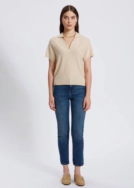 Cashmere Blend Polo Neck Beige Knit Top - 2