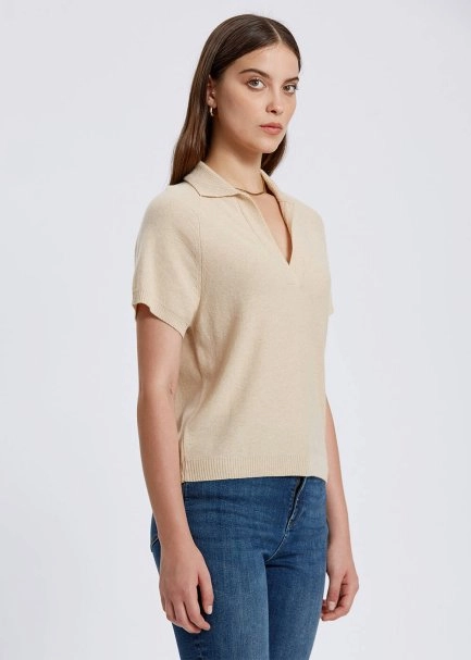 Cashmere Blend Polo Neck Beige Knit Top - 3