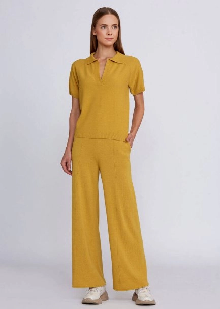 Cashmere Blend Polo Neck Mustard Knit Top - 2